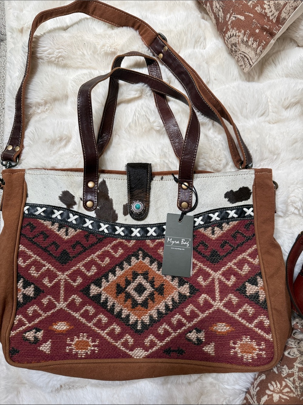 Myra Bag Burgundy, Brown & Cream Southwestern Tote